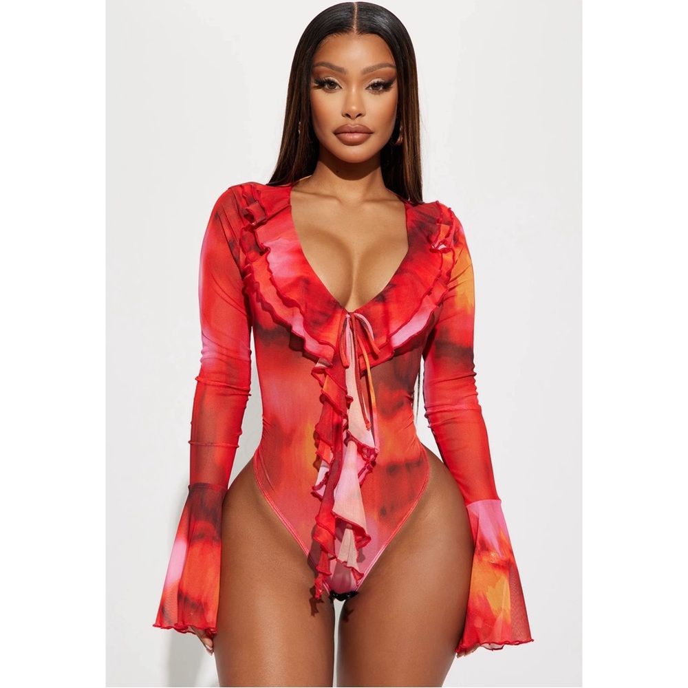 Red colorful mesh bodysuit from Fashion Nova🍒